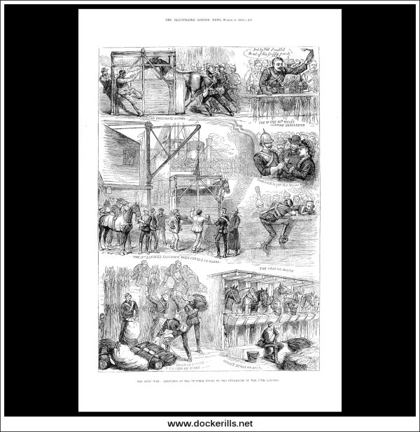 The Zulu War: Sketches At The Victoria Docks On The Departure Of The 17th Lancers. Antique Print, Wood Engraving, The London Illustrated News Full Page, March 8th, 1879. Online now