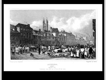 Ashford, Market Day, Kent, England. Antique Print, Steel Engraving 1830. For Discount