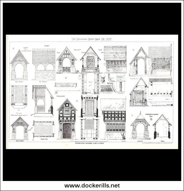 Porch Designs - The Building News. Antique Print, Lithograph 1877. Cheap