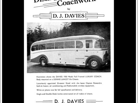 D.J. Davies Luxury Coach. Original Vintage Advert From December, 1950. Bebbs Super Luxury Radio Coaches For Discount