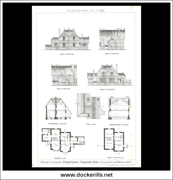 Pair Of Cottages, Bishopsteignton, Teignmouth, Devon - The Building News. Antique Print, Lithograph 1876. For Sale