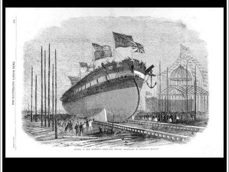 Launch Of Her Majesty s Steam-Ram Frigate Resistance At Millwall. Antique Print, Wood Engraving, The Illustrated London News Full Page, April 20th, 1862. Online now