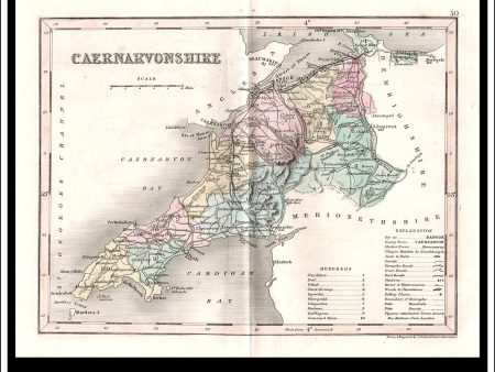 Map Of Caernarvonshire, Caernarvonshire, Wales. Antique Print, Steel Engraving c. 1846. Online