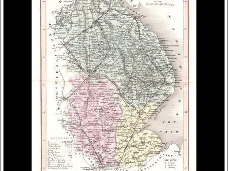 Map Of Lincolnshire, England. Antique Print, Steel Engraving c. 1846. Fashion