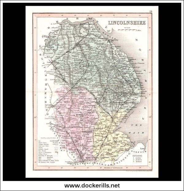 Map Of Lincolnshire, England. Antique Print, Steel Engraving c. 1846. Fashion