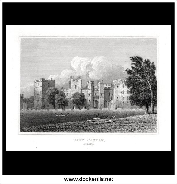 Raby Castle, County Durham, England. Antique Print, Steel Engraving c. 1830. Online now