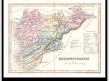 Map Of Merionethshire, Wales. Antique Print, Steel Engraving c. 1846. on Sale