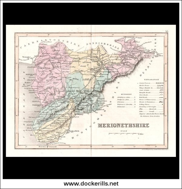 Map Of Merionethshire, Wales. Antique Print, Steel Engraving c. 1846. on Sale