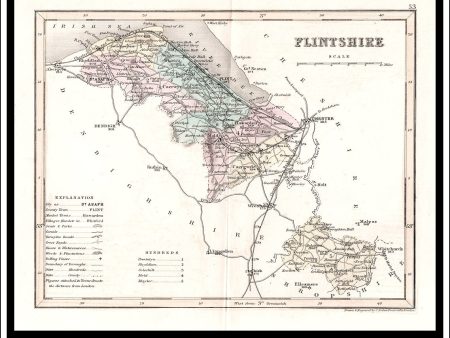 Map Of Flintshire, Wales. Antique Print, Steel Engraving c. 1846. Supply