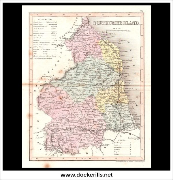 Map Of Northumberland, England. Antique Print, Steel Engraving c. 1846. Online