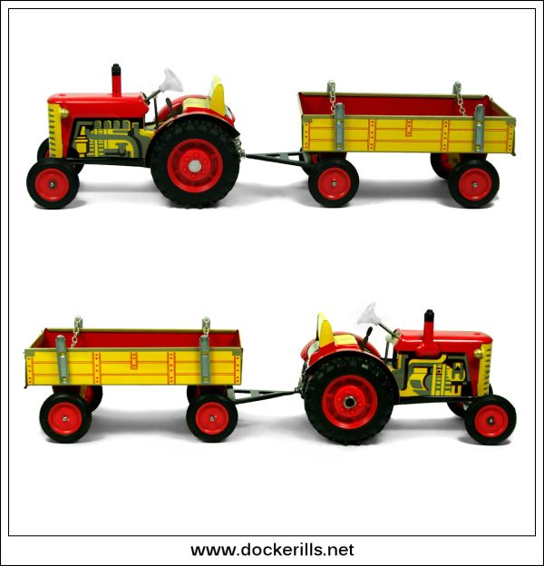 Zetor Tractor & Trailer (Red). Tin Plate Toy, Kovap, Czech Republic. Online Hot Sale