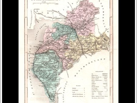 Map Of Cumberland, England. Antique Print, Steel Engraving c. 1846. Online now