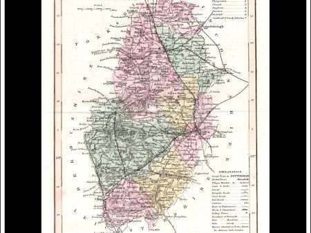 Map Of Nottinghamshire, England. Antique Print, Steel Engraving c. 1846. Sale