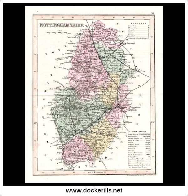 Map Of Nottinghamshire, England. Antique Print, Steel Engraving c. 1846. Sale