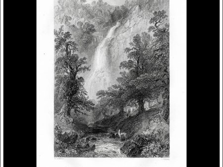 Powerscout Falls, Co. Wicklow, Ireland. Antique Print, Steel Engraving c. 1840. Hot on Sale