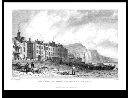 The York Hotel And Library, Sidmouth, Devonshire, England. Antique Print, Steel Engraving 1832. Fashion