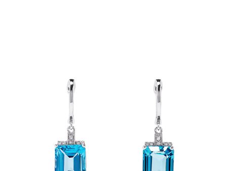 14K White Gold Emerald Cut Blue Topaz and Diamond Drop Earrings, 9.25 TCW Hot on Sale